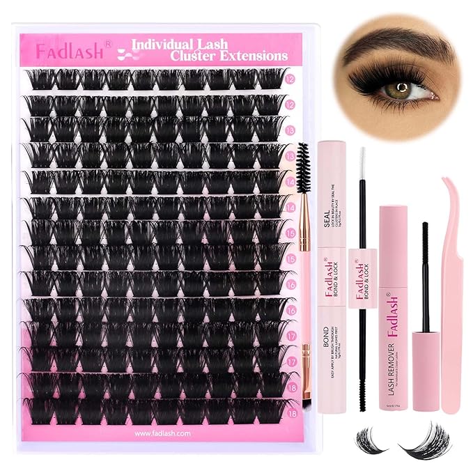 FADLASH DIY Lash Extension Kit Individual Lashes Cluster D Curl Eyelash Extension Kit D Curl Lash Clusters Lash Applicator Tool for Self Application at Home(KIT 200D-D-12-18mm)