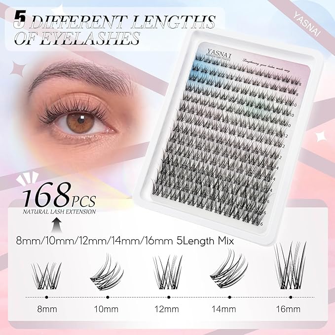 Lash Clusters Natural Look Wispy Lash Extensions, YASNAI Cluster Eyelash Extensions C Curl Individual Lashes 8-16MM 168pcs, Eye Lash Clusters Thin Clear Lash Band Cluster Lashes