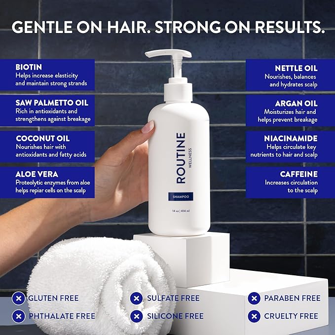Routine Wellness Anti-Thinning Shampoo for Thinning Hair - Biotin DHT Blocker Women & Men - Color Safe Shampoo for Hair Loss & Healthy Hair - Cucumber - 14oz
