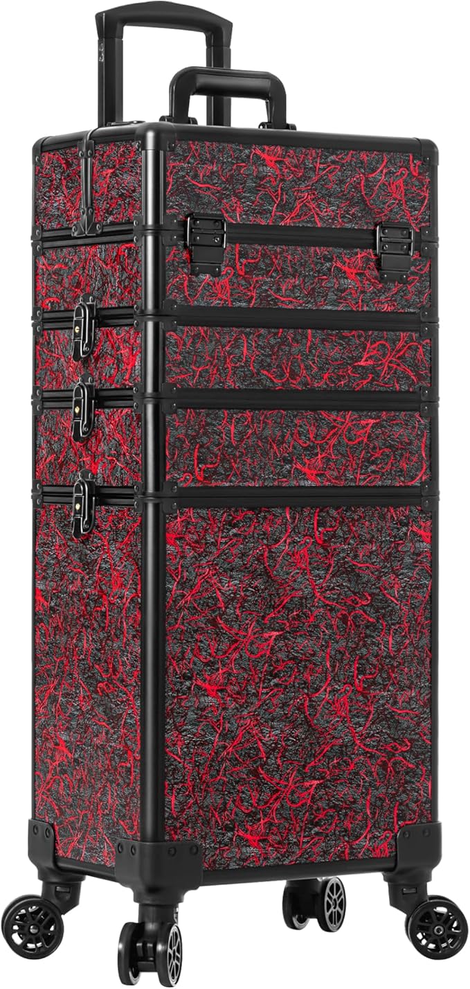 Profesional Rolling Makeup Train Case with Lid, 5 in 1 Cosmetology Case on Wheels, Large Cosmetic Trolley Organizer Travel for Hairstylist Artist Nail Beauty Salon Barber, Red