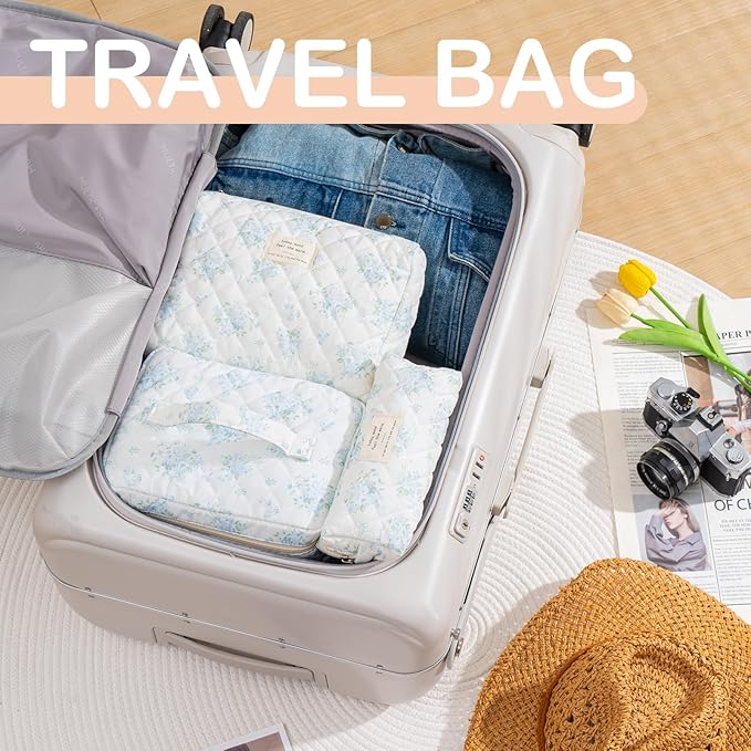 Makeup Bag for Women 3PCS Quilted Cotton Make Up Bag Travel Cosmetic Bag Large Makeup Bag Set Cute Makeup Bags Organizer Floral Toiletry Bag Makeup Pouch, Blue