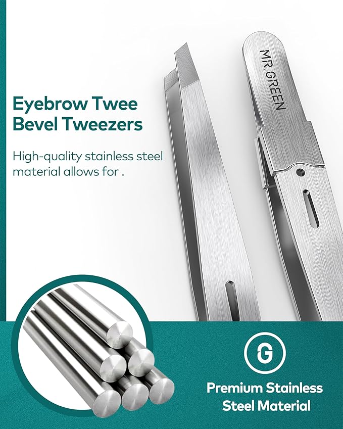 MR.GREEN Tweezers for Facial Hair Women, Professional Precision Eyebrow Tweezers for Women and Men, Stainless Steel Slanted Hair Removal Tweezers, Eyebrow Plucker, Ingrown hair tweezers