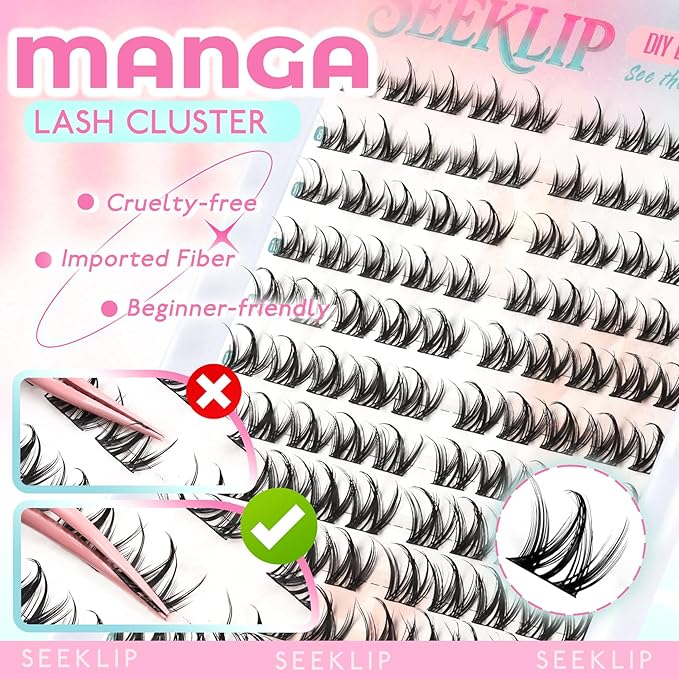 Lash Clusters Manga Lash Clusters Spiky Doll Anime DIY Eyelash Extensions Natrual Doe Eyed C Curl 8-16MM 120Pcs Individual Lashes with Black Cotton Band for Cosplay (Narcissus)