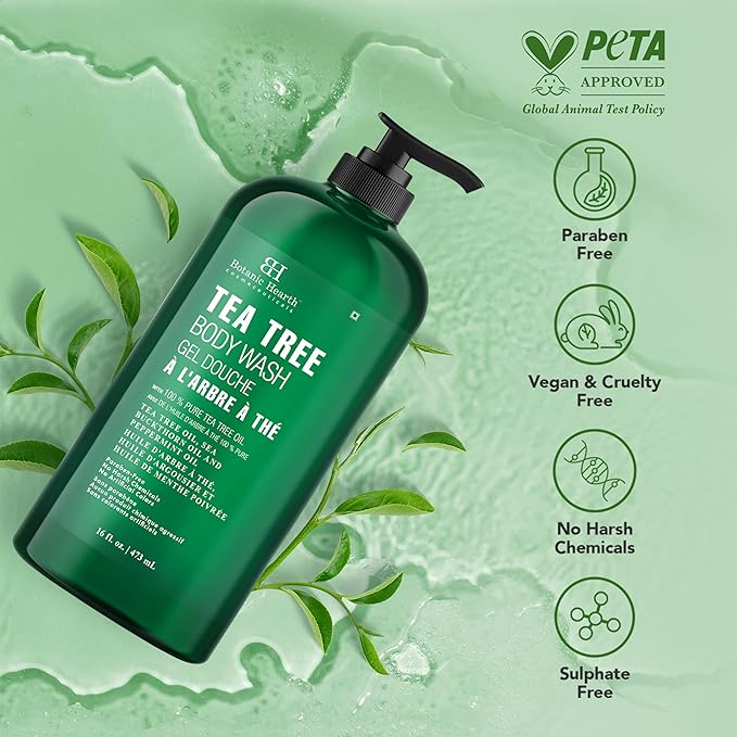 Botanic Hearth Tea Tree Body Wash for Men and Women - Moisturizing Body Wash Helps Soothe the Skin - Refreshing and Hydrating Cleanser, Sulfate Free, Paraben Free - 16 Fl Oz
