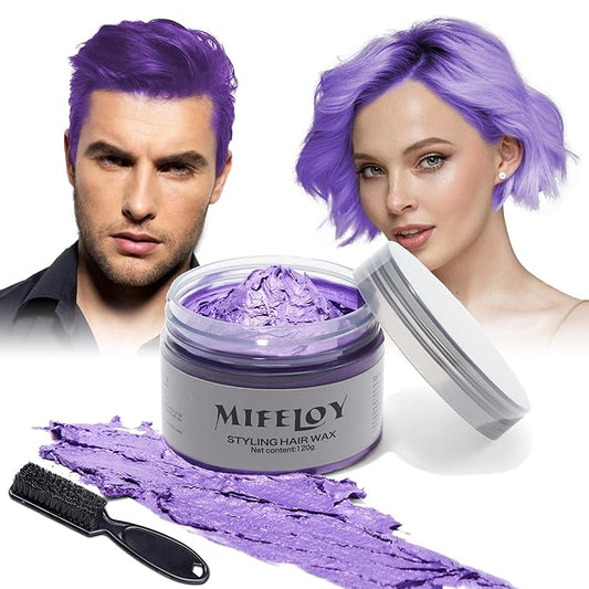 Temporary Purple Hair Spray Color Wax with Dye Brush, Instant Natural Violet Hairstyle Cream 4.23 oz, Disposable Coloring Mud for Men Women, Washable Styling Pomades, Party Cosplay DIY Halloween
