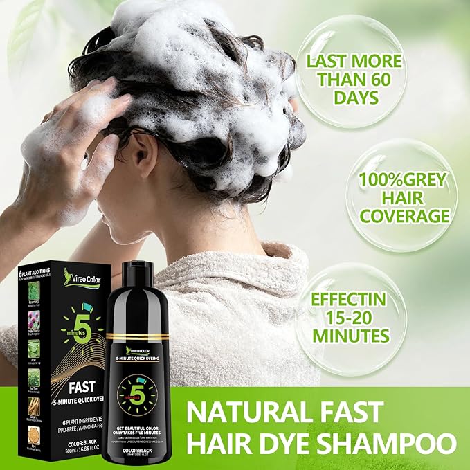 Black Hair Dye Shampoo for Women & Men, 5 Min Gray Coverage, 3 in 1 Semi-Permanent Color with Natural Herbal Ingredients