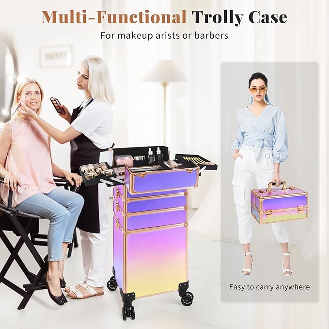 Profesional Rolling Makeup Train Case with Lid, 5 in 1 Cosmetology Case on Wheels, Large Cosmetic Trolley Organizer Travel for Hairstylist Artist Nail Beauty Salon Barber, Colorful