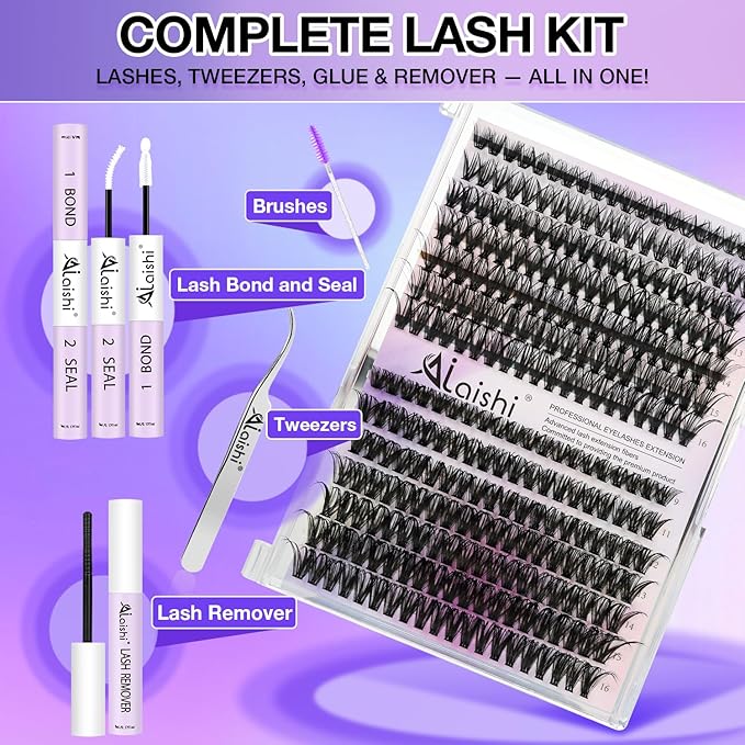Lash Clusters Kit, DIY Cluster Eyelash Extensions 9‑16mm, 40D+50D, 280pcs Fluffy D Curl Natural Lashes with Bond & Seal,Remover,Tweezers,Brush–Fake Cat Eye Wispy Individual Clusters