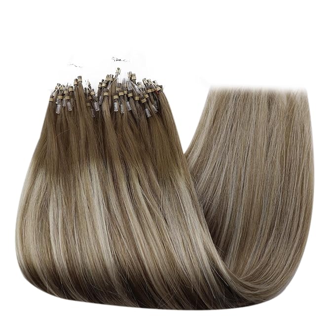 Full Shine Micro Ring Hair Extensions Human Hair Brown Fading to Platinum Blonde and Brown Micro Link Human Hair Extensions 16 Inch Prebonded Extensions 50 Grams for Women