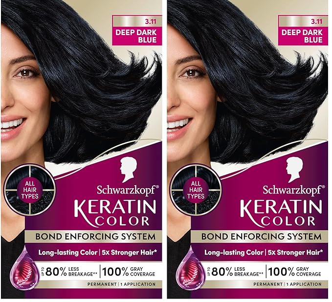 Schwarzkopf Keratin Permanent Hair Dye Cream, 3.11 Deep Dark Blue, Professional Quality Color for Up to 100% Gray Coverage, Bond Enforcing System (Pack of 2)