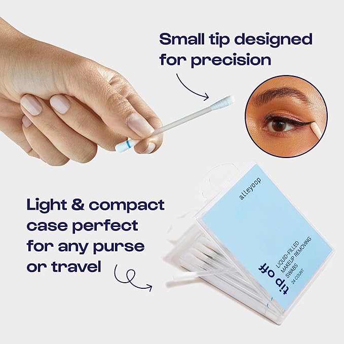 Alleyoop Cotton Swabs for Makeup, Tip Off Liquid-Filled Makeup Removing Swabs (24 Count, 3 Pack) - Easy-To-Use & Space Saving Makeup Remover - Disposable Cotton Tips for Eye, Lip, Eyebrow, & Eyeshadow