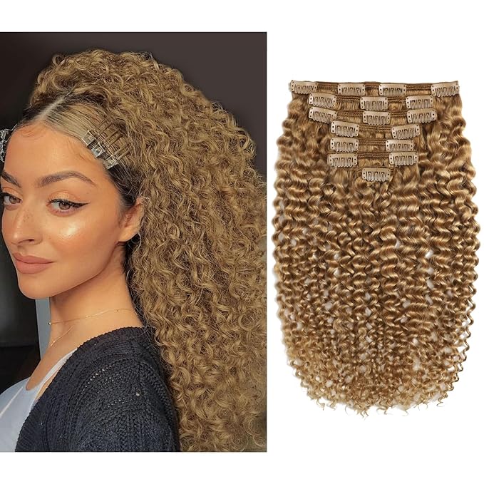 Caliee Spiral Curly Clip in Hair Extensions Real Remy Human Hair Jerry Curly Clip in Extensions 18 Inch Color 27 Strawberry Blonde Curly Clip in Human Hair Extensions Thick End Clip ins 120G