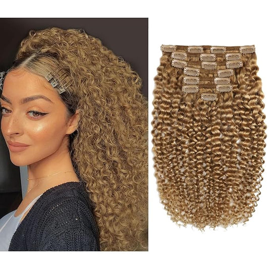 Caliee Spiral Curly Clip in Hair Extensions Real Remy Human Hair Jerry Curly Clip in Extensions 18 Inch Color 27 Strawberry Blonde Curly Clip in Human Hair Extensions Thick End Clip ins 120G