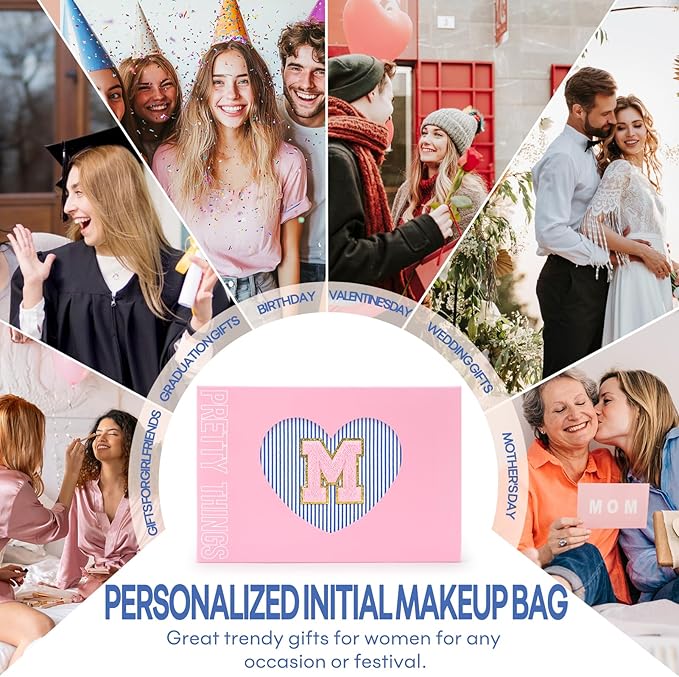 mibasies 2 PCS Initial Makeup Bags for Women: - Birthday Gifts for Teen Girls 11 12 13 14 15 16 Years Old - Preppy Trendy Stuff - Cosmetic Bag for Travel Toiletry - Blue M