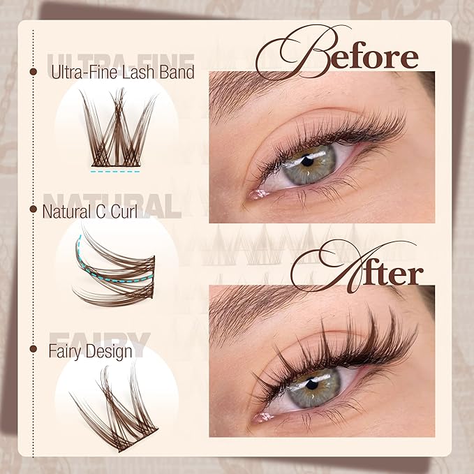 Mavphnee Brown Lash Clusters Kit Fairy Lash Extensions Kit Anime Eyelash Clusters Spiky Cluster Eyelash Extensions Natural Manga Individual Lashes Kit with Bond and Seal Lash Glue Clear
