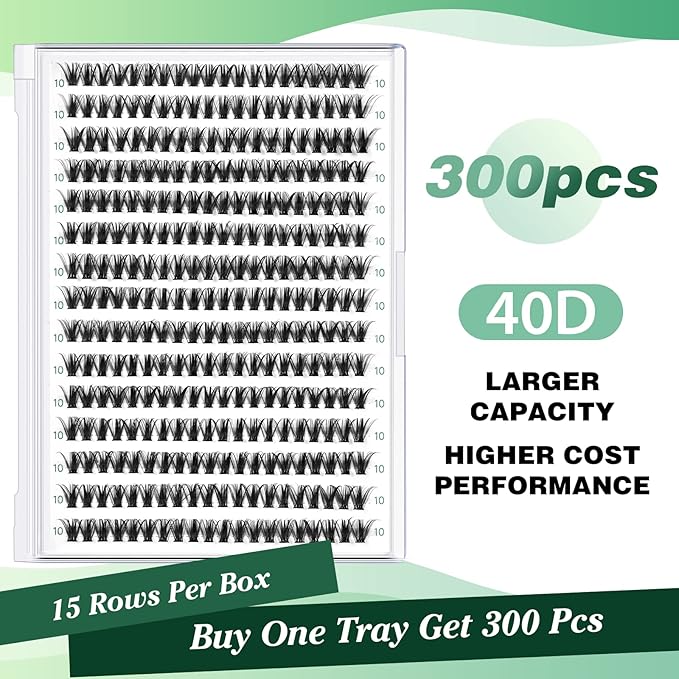 Lash Clusters 300pcs Individual Lashes 40D 0.07D Curl 10mm DIY Eyelash Extension KEYYOU Large Tray Volume Soft&Natural Cluster Lashes(40D-0.07D,10）