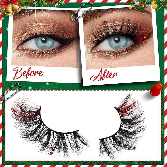 Veleasha Christmas LE Lashes Dramatic Eyelashes with Diamonds Cat Eye Lashes Colored False Eyelashes Fluffy Faux Mink Lash with Glue & Tweezers Look Like Lash Extensions (Christmas LE)