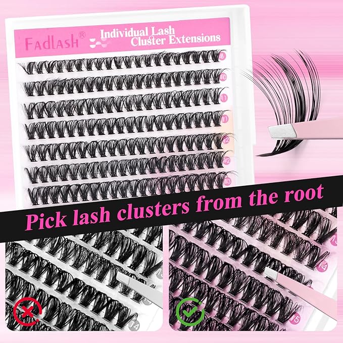 FADLASH Lash Clusters Kit Individual Eyelash Clusters D Curl 40D 8-16mm Eyelash Extension Kit 280Pcs Lash Extensions with Lash Bond and Seal Lash Tweezer for Self Application (40D-0.07D-8-16mm KIT)