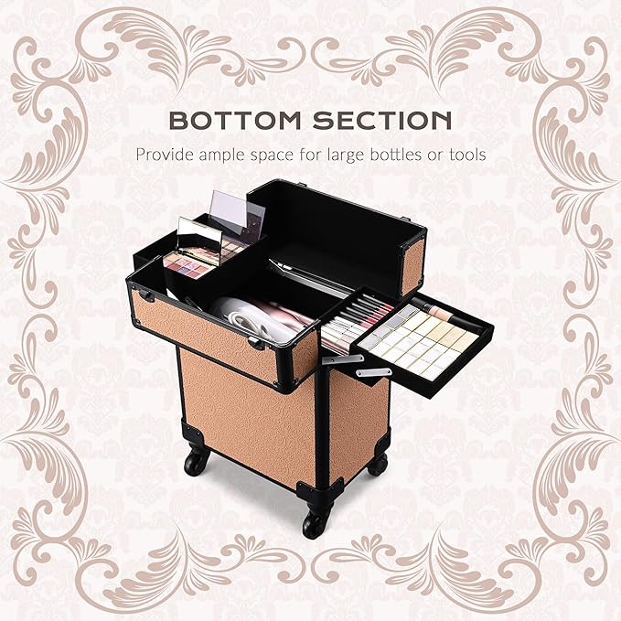 BYOOTIQUE Cosmetology Rolling Case Nail Tech Storage Cart Makeup Torrley Travel Barber Suitcase False Eyelash Storage for Beauty Studio Nail Salon Wedding Make up Attist Manicurist,Rococo Coral