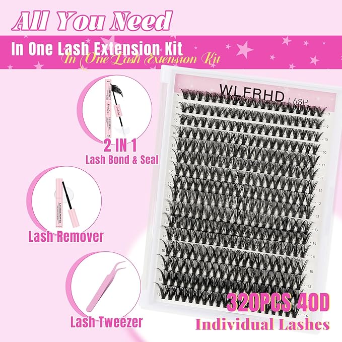 Lash Clusters Kit 320 Pcs DIY Individual Cluster Lashes D Curl Lash Extension Kit with Eyelash Bond and Seal, Remover, Tweezers Applicator Tool for False Eyelash Cluster Kit(40D, Mix9-16mm Kit)