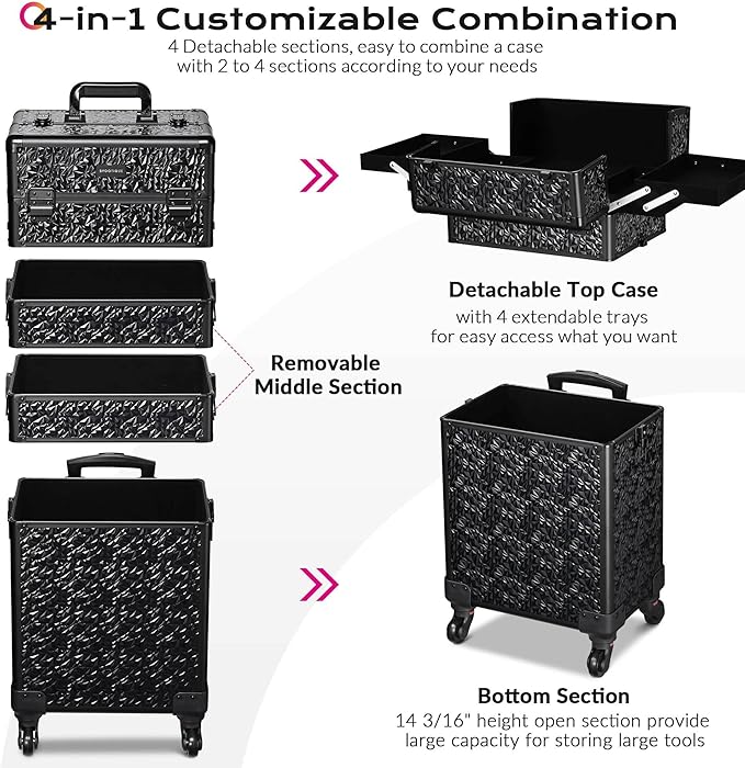 BYOOTIQUE 4in1 Rolling Makeup Train Case on Wheels Large Cosmetic Travel Organizer Eyelash Storage Box for Nail Tech Beauty Salon Manicurist Barbershop,Mermaid Black