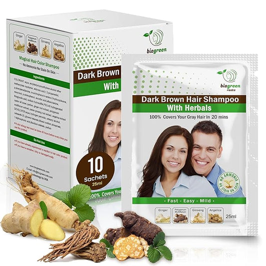 Ammonia-Free & Paraben Free Herbal Hair Shampoo - Hair Dye Shampoo for Women & Men - Natural Color & Herbal Nourishment - No Stain on Skin - Dark Brown (10 sachets x 25ml)