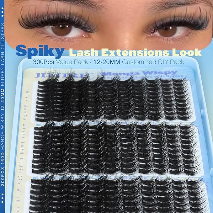 JIMIRE Manga Fairy Lash Clusters Volume Eyelash Clusters with Lash Spikes 300Pcs Wispy Cluster Eyelash Extensions 12-20MM Fluffy Individual Lashes Clusters Easy to Apply DIY Lash Extension at Home