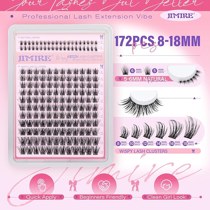 JIMIRE Lash Clusters Wispy Lash Extension Natural Eyelash Clusters 8-18MM D Curly Fluffy Cluster Eyelash Extensions with Bottom Lash Clusters 172Pcs Individual Cluster Lashes DIY at Home