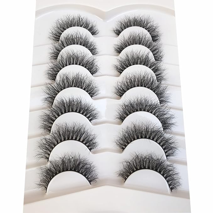 Pooplunch False Eyelashes Natural Volume 8D Faux Mink Lashes Wispy Short Fake Eye Lashes Strips 7 Pairs Pack