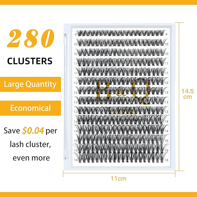 B&Q Lash Clusters 280PCS Natural Eyelash Clusters, 50D C 9-16 Individual Lash Wispy Eyelash Extension with Soft Thin Band, Classic Look Pestañas Postizas Comfortable DIY at Home(50D-C-9-16MIX)