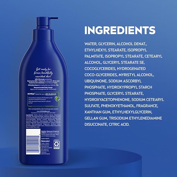 NIVEA Nourishing Hydration Skin Firming Body Lotion with Q10 and Vitamin C, 72-Hour Body Moisturizer for Dry to Very Dry Skin, Holiday Gifts for Self Care, 16.9 Fl Oz Pump Bottle