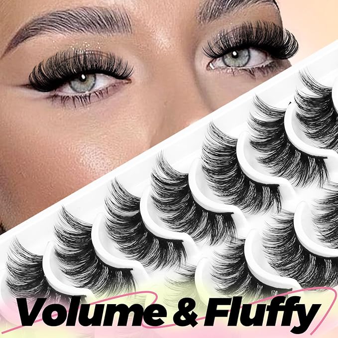 Ahrikiss Lashes Volume Faux Mink Eyelashes D Curl Fluffy False Lashes Russian Strip Lashes Lash Wispy 10 Pairs Cat Eye Lashes Pack(R2)