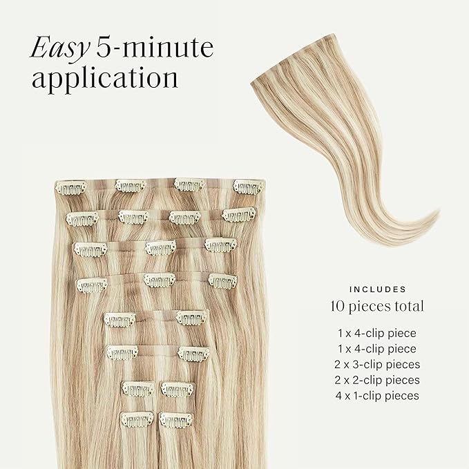 Luxy 100% Remy Human Hair - Seamless Clip-In Hair Extensions - Multi-Dimensional Color for Natural Blending, Adds Volume & Length 50 grams 12" Beige Blonde Balayage