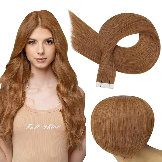 Full Shine Invisible Tape in Extensions Real Human Hair Color 330 Auburn Seamless Hair Extensions Tape in 18 Inch 50Gram Double Sided 20Pcs Straight Remy Human Hair Extensions Add Volume for Party