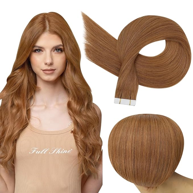 Full Shine Tape ins Human Hair Extensions 20 Inch Hair Extensions Real Human Hair Color 330 Orange 50Gram Remy Seamless Skin Weft 20Pcs Double Sided Tape ins Add Length for Women
