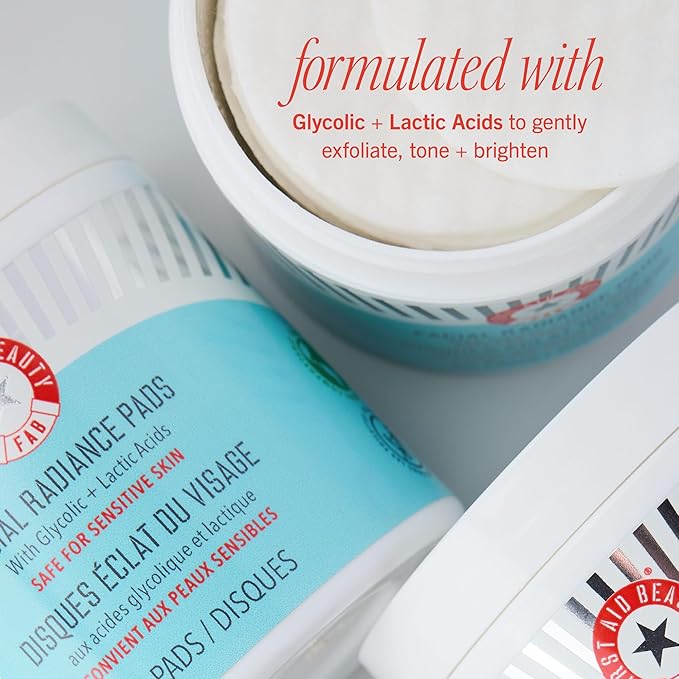 First Aid Beauty - Facial Radiance Pads with Glycolic & Lactic Acids, Daily Exfoliating Pads with AHA, Visibly Smaller Pores, Help Tone & Brighten Skin, One-Step Makeup Prep, Compostable, 90