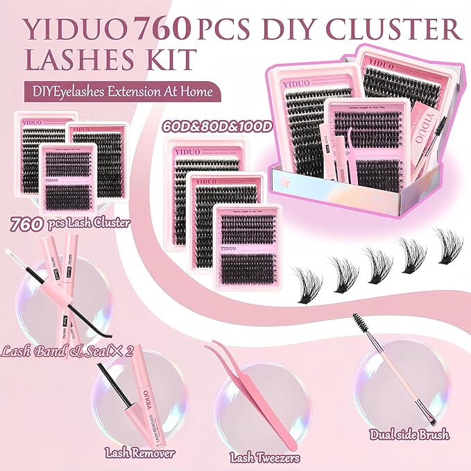 Lashes Clusters Kit Gift Packs 3 Styles 760Pcs with 2X Bond&Seal Volume Soft False Eyelash Extension 80D+100D D Curl Wispy Natural DIY Individual Fake Eyelashes Box for Beginners Bulk Pack