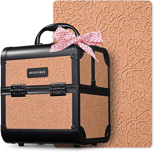 BYOOTIQUE Travel Makeup Bag Small Lockable Cosmetic Organizer with Mirror 2-Tier Trays Hairdressing Case Lash Storage Box for Manicurist Nail Tech Travel Beauty Salon Hairstylist,Rococo Coral