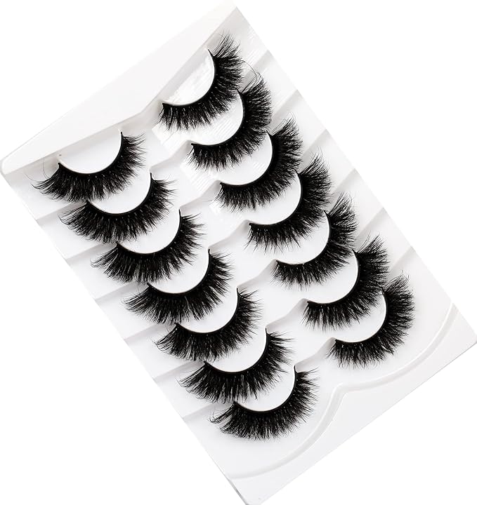 Pooplunch False Eyelashes Cat Eye Look 18MM Dramatic Volume Thick Wispy Long Faux Mink Lashes Fake Eyelash Strips 7 Pairs Pack