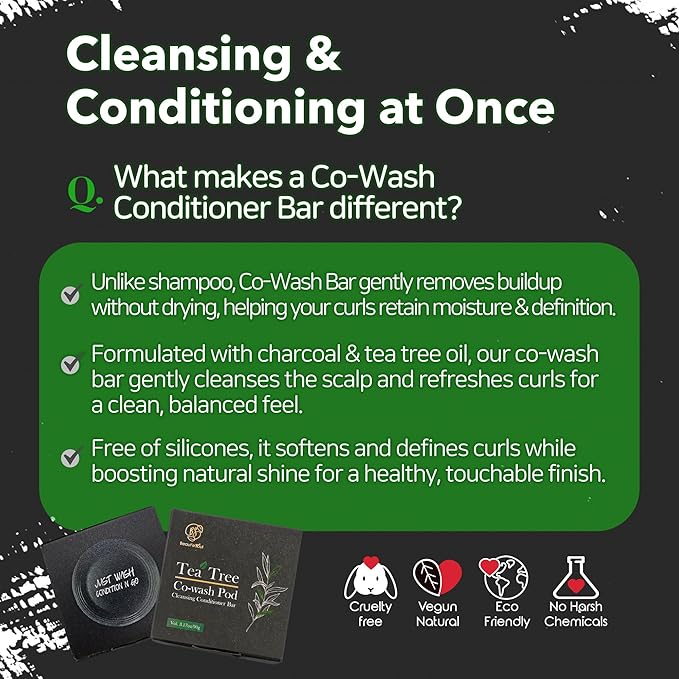 BEAUTE SEOUL Co-Wash Conditioner Bar for Curly Hair - Tea Tree & Charcoal Solid Cleanser for Dry Scalp, Buildup Removal & Moisture – Sulfate-Free, No Silicones, All Hair Types, 3.17oz
