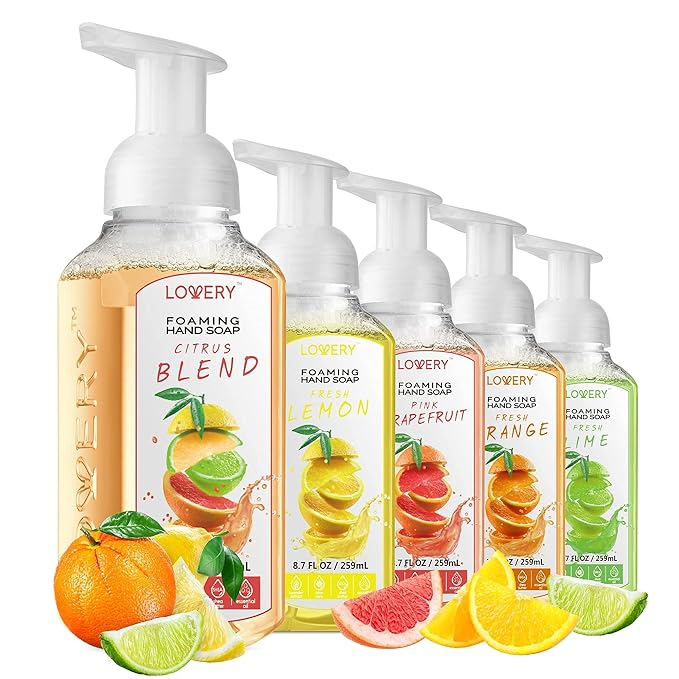 Foaming Hand Soap Pump - 5-PK - Moisturizing Hand Soap Foam with Aloe Vera & Essential Oils - Alcohol-Free Hand Wash in Citrus Blend, Lemon, Orange, Lime, Grapefruit Fragrances for Kitchen & Bathroom