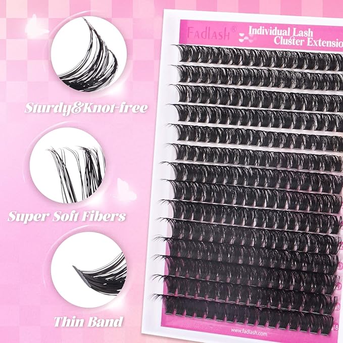 FADLASH Lash Extension DIY Kit Volume Fluffy Lash Clusters D Curl Cluster Lashes with Lash Bond and Seal Lash Tweezers for DIY Eyelash Extension at Home for Self Use（Kit 100D-0.07D-12-18MIX）