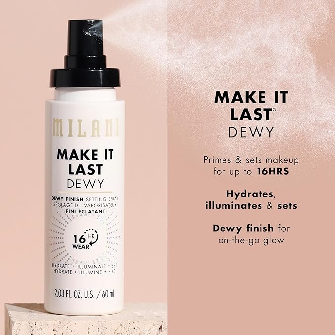 Milani Setting Spray + Primer, Make It Last Dewy - Dewy Finish Moisturizing Formula for Glow on the Go, Setting Spray for Makeup and Face Primer, Prime + Set + Hydrate, 2.03 Fl. Oz