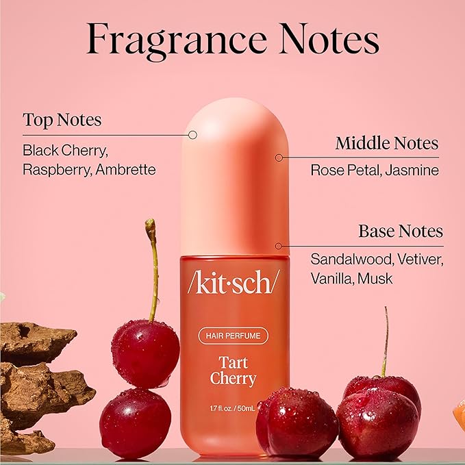 Kitsch Hair Perfume for Women - Tart Cherry | Clean, Deodorizing & Patented Odor-Eliminating Technology Hair Spray & Body Mist - Freshen Hair, Body & Pillows - Fruity Gourmand Scent & Vanilla - 50mL