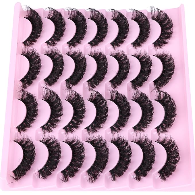 False Eyelashes Volume Russian Strip Lashes D-Curly Fake Eyelashes Extension Wispy Cat Eye Lashes Handmade Soft Reusable 14 Pairs Lashes Pack