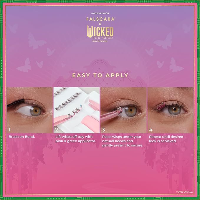 FALSCARA X WICKED: FOR GOOD False Eyelashes, ‘Wickedly Wonderful’, 8mm-10mm Natural Volume, Purple Glitter, Lash Extension Kit Includes Mini BOND, Mini Applicator, & 10 Lash Clusters