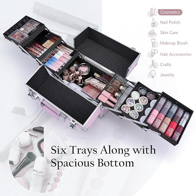 Frenessa Makeup Train Case Large Portable Cosmetic Case - 6 Tier Trays Professional Makeup Storage Organizer Box Make Up Carrier with Lockable keys - Pink