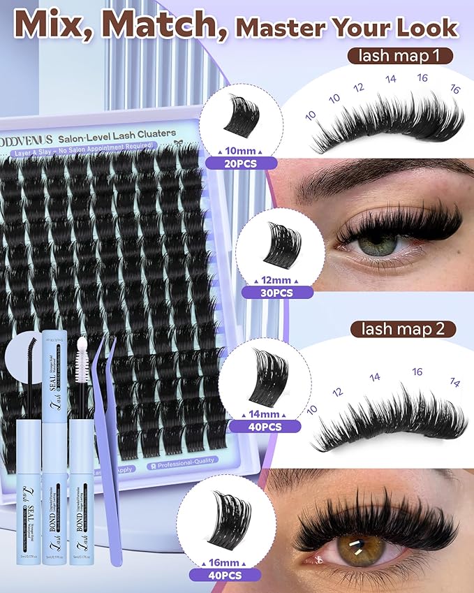 Salon-Like Lash Clusters Kit With Spikes DIY Eyelash Clusters D Curve Spiky Full Cluster Eyelash Extensions Kit Individual Lashes Cluster Kit (10-16mm 130Pcs)