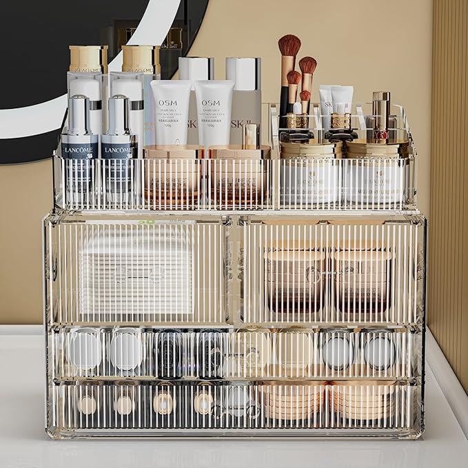 ZHIAI Stackable Storage Drawers, Acrylic Bathroom Counter Organizer Clear Makeup Organizers for Vanity, Kitchen Cabinets, Bathroom, Undersink, Home Organization and Storage (1 Top 4 Drawers D)