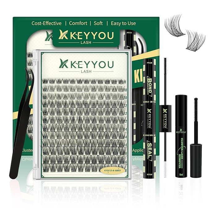 KEYYOULASH Lash Clusters Kit 144pcs 8-18MIX Natural&Wispy Cluster Lashes Thin Band Lash Extension Kit with Bond and Seal,Remover,Applicators for DIY Fluffy Eyelash Extension Kit at Home(KY02 Kit)